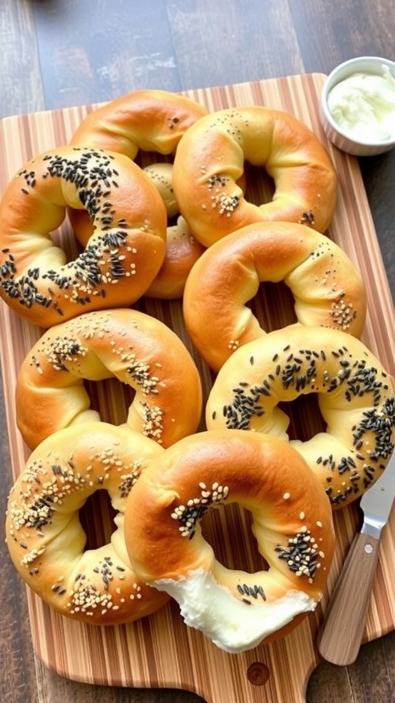 Golden brown homemade yogurt bagels sprinkled with sesame and poppy seeds on a wooden board with cream cheese.